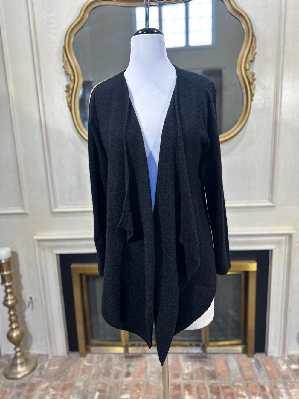 Saks Fifth Avenue Cardigan L Black 100% Cashmere Waterfall Drape Quiet Luxury